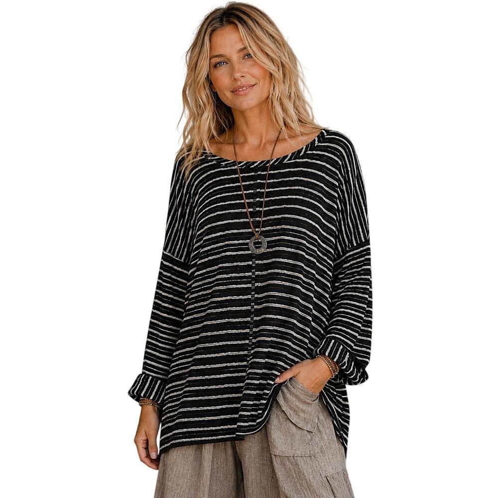 Habitat Abstract Striped Knit Top Womens Size 1X Black White Lagenlook Oversized